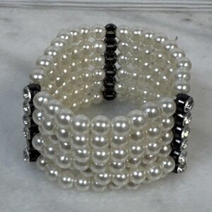 Rhinestone White Glass Pearl Wide Stretch Bracelet Six Layers